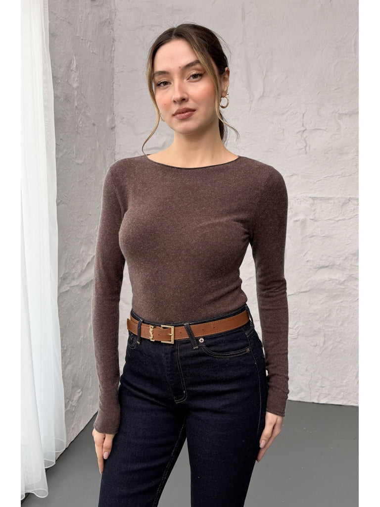 Dilvin Kahve  Kayık Yaka Kaşmir Bluz 10840-Kahve