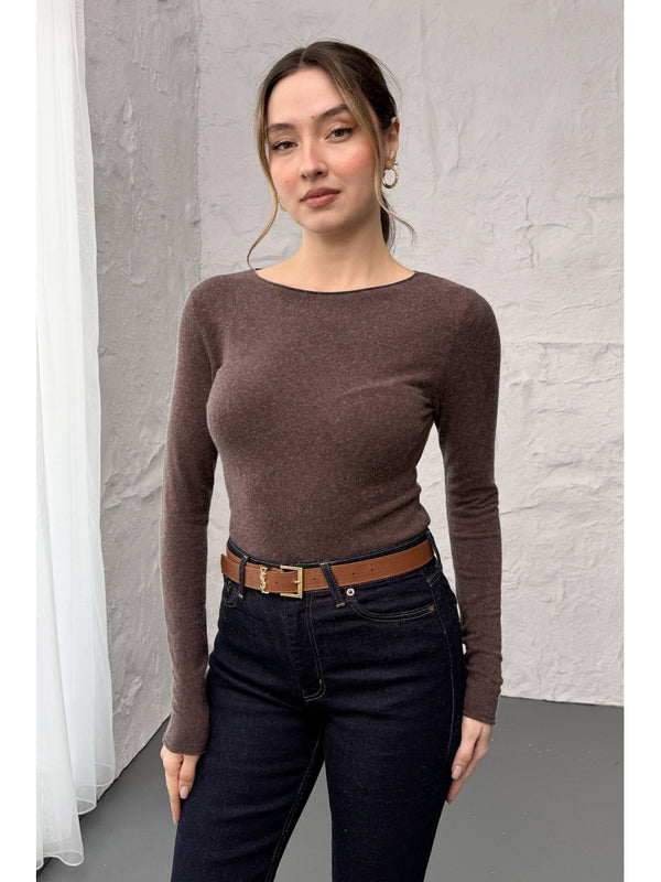 Dilvin Kahve  Kayık Yaka Kaşmir Bluz 10840-Kahve