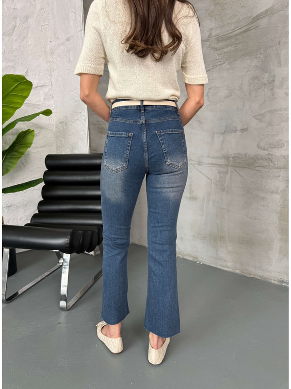 Mavi Kesik Paça Likralı Mom Jean