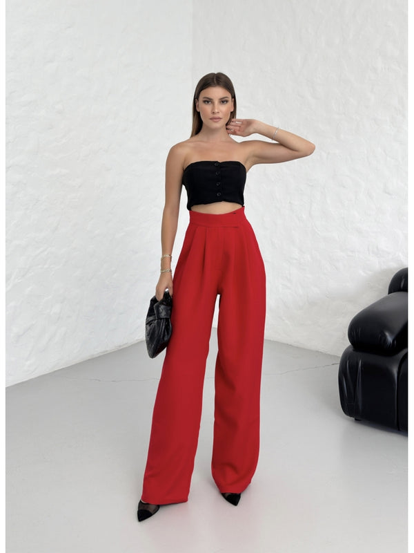 Kırmızı Beli Pileli Tasarım Pantolon
