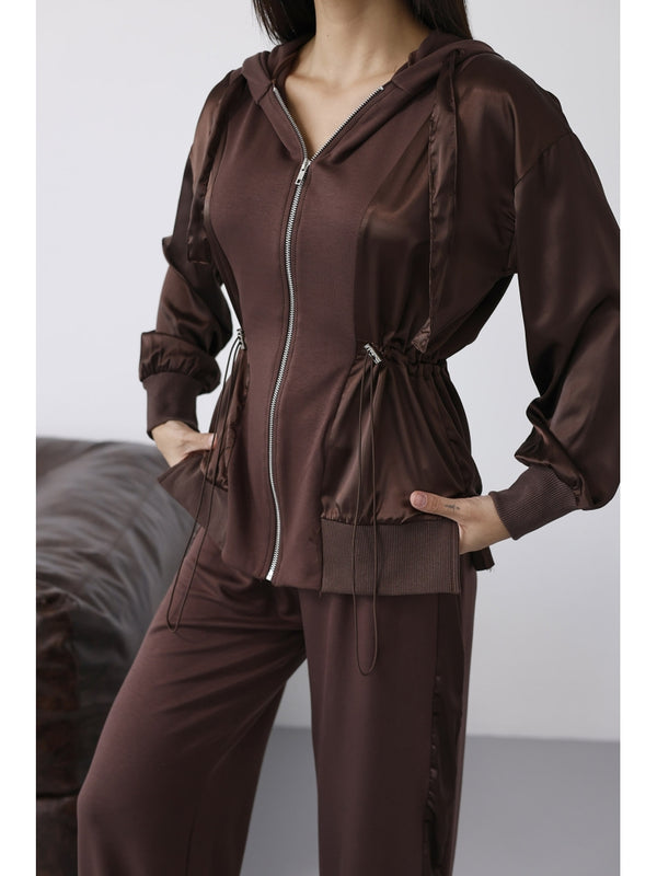 Kahverengi Saten Detaylı Bel Bağcıklı Takım 4108-Kahverengi