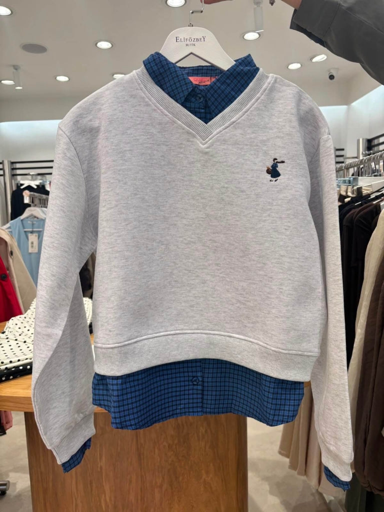 Gri Gömlek Detaylı Nakışlı Sweat 2432-Gri