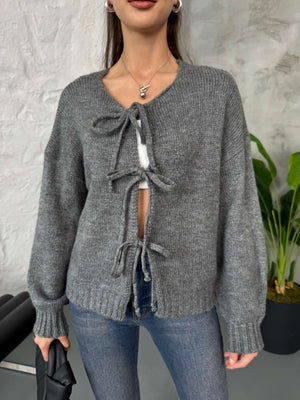 Antrasit Önü Bağcıklı Örme Hırka EY2426-Antrasit