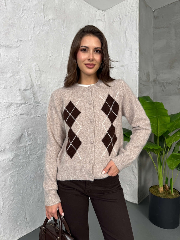 Vizon Baklava Desen Triko Hırka 2539-Vizon