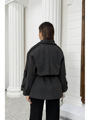 Antrasit Rebello Kuşaklı Kaşe Kaban 9669-Antrasit