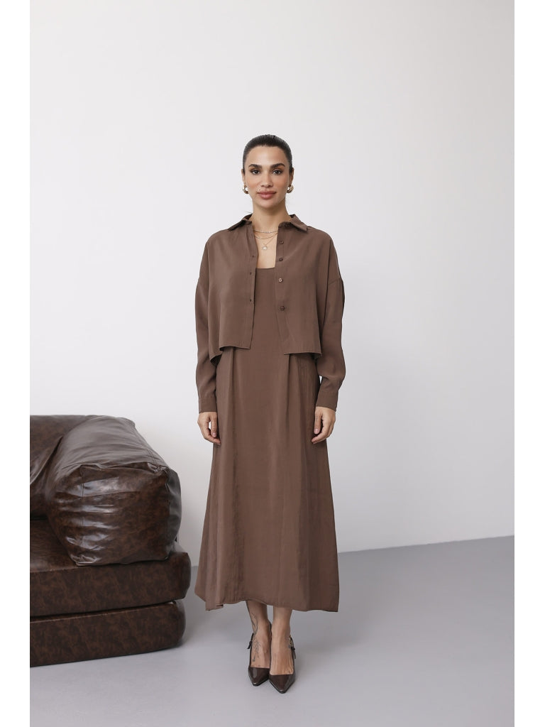 Kahve İp Askılı Elbise Gömlek Takım 51153-KAHVE