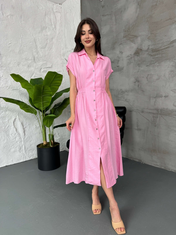 Pembe Bel Lastikli Çilek Elbise 7010-Pembe