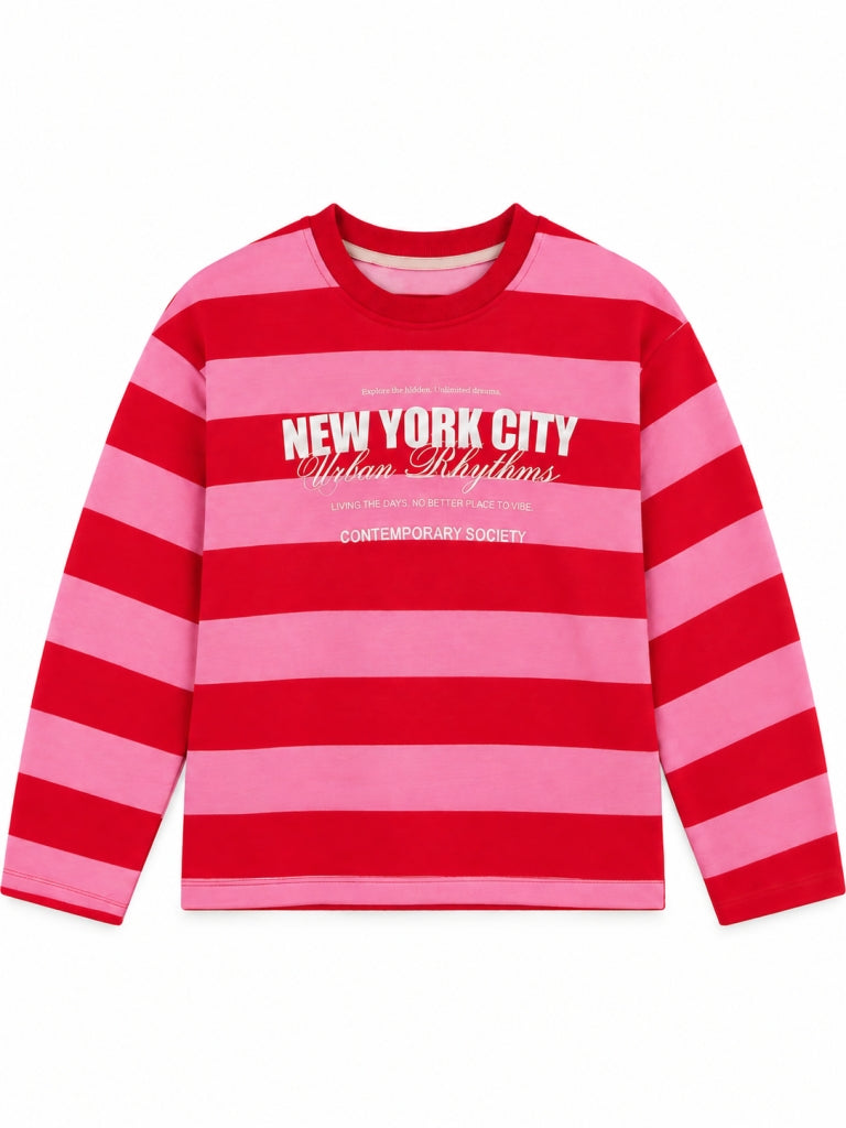 Pembe Çizgili Yazı Baskılı Sweat 12810-Pembe