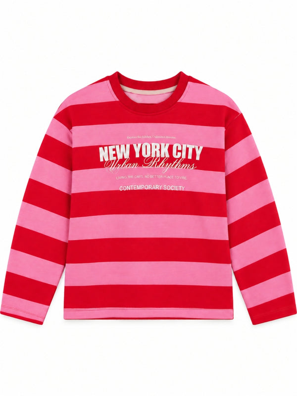 Pembe Çizgili Yazı Baskılı Sweat 12810-Pembe