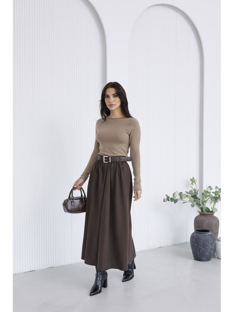 Kahverengi Deri Kemerli Pileli Etek 0727-KAHVERENGİ