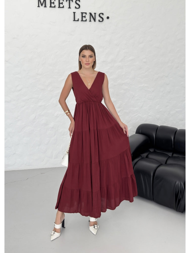 Premium Bordo Kruvaze Keten Elbise