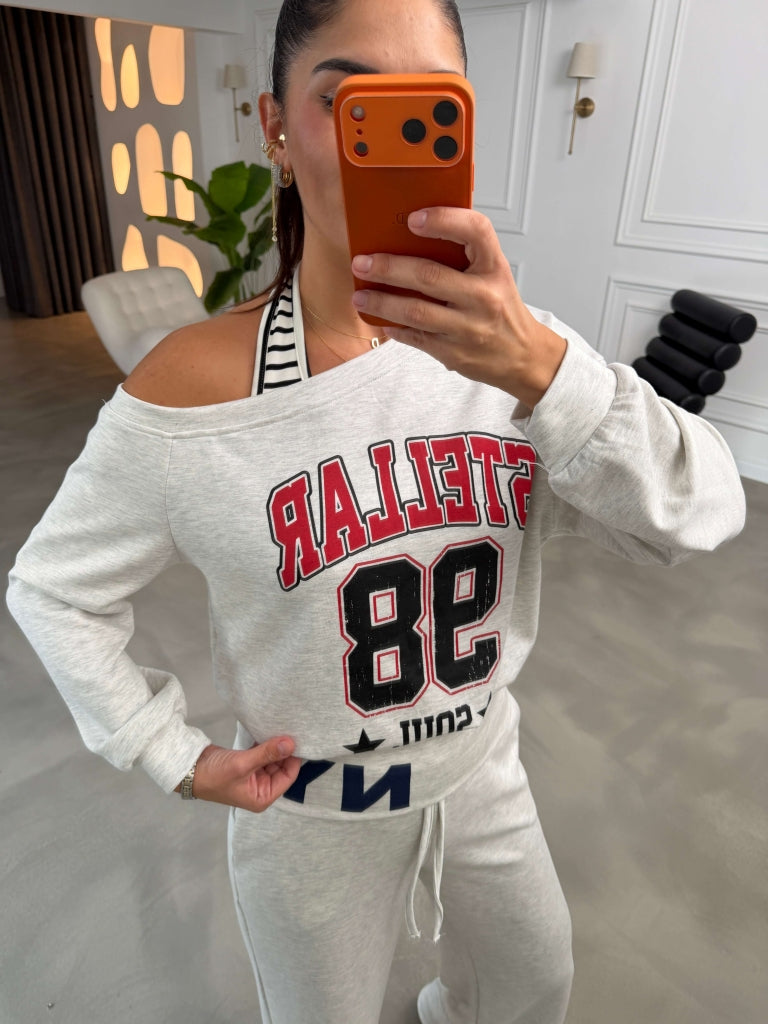 Gri Atlet Detaylı Kayık Yaka Sweat 12614-Gri