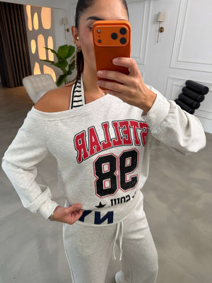 Gri Atlet Detaylı Kayık Yaka Sweat 12614-Gri