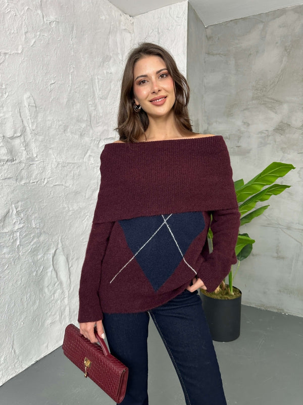 Bordo Açık Yaka Baklava Desen Kazak 2530-Bordo