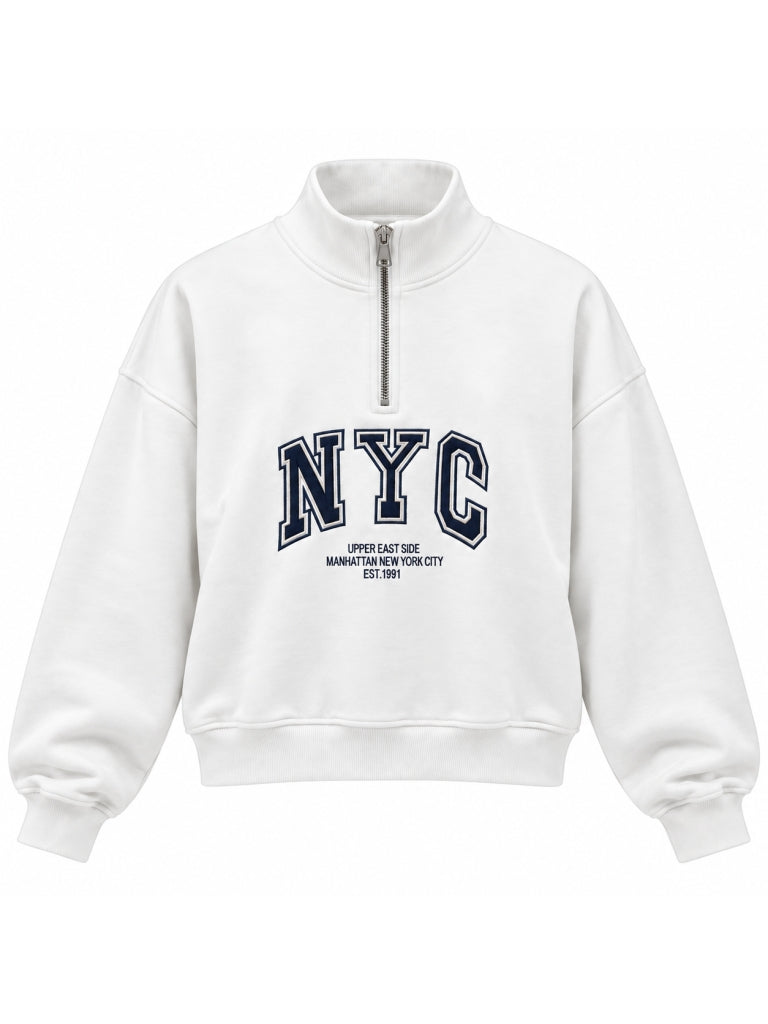 Beyaz NYC Baskılı Fermuarlı Sweat 10490-Beyaz