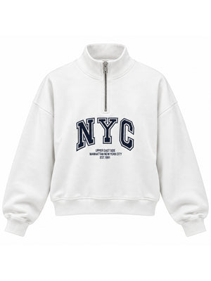 Beyaz NYC Baskılı Fermuarlı Sweat 10490-Beyaz
