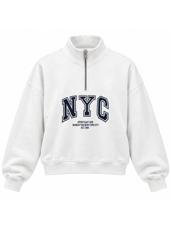 Beyaz NYC Baskılı Fermuarlı Sweat 10490-Beyaz