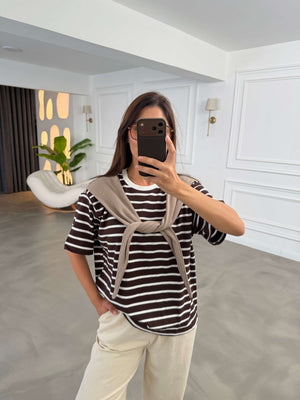 Kahve Fularlı Çizgili Tshirt 58499-Kahve