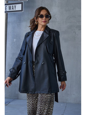 Siyah Kuşaklı Ara Boy Deri Trenç EY2377-Siyah