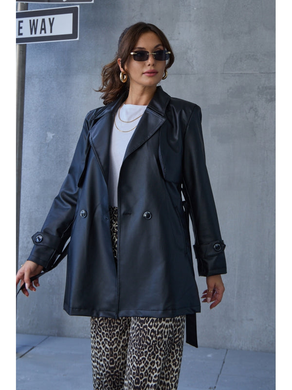 Siyah Kuşaklı Ara Boy Deri Trenç EY2377-Siyah