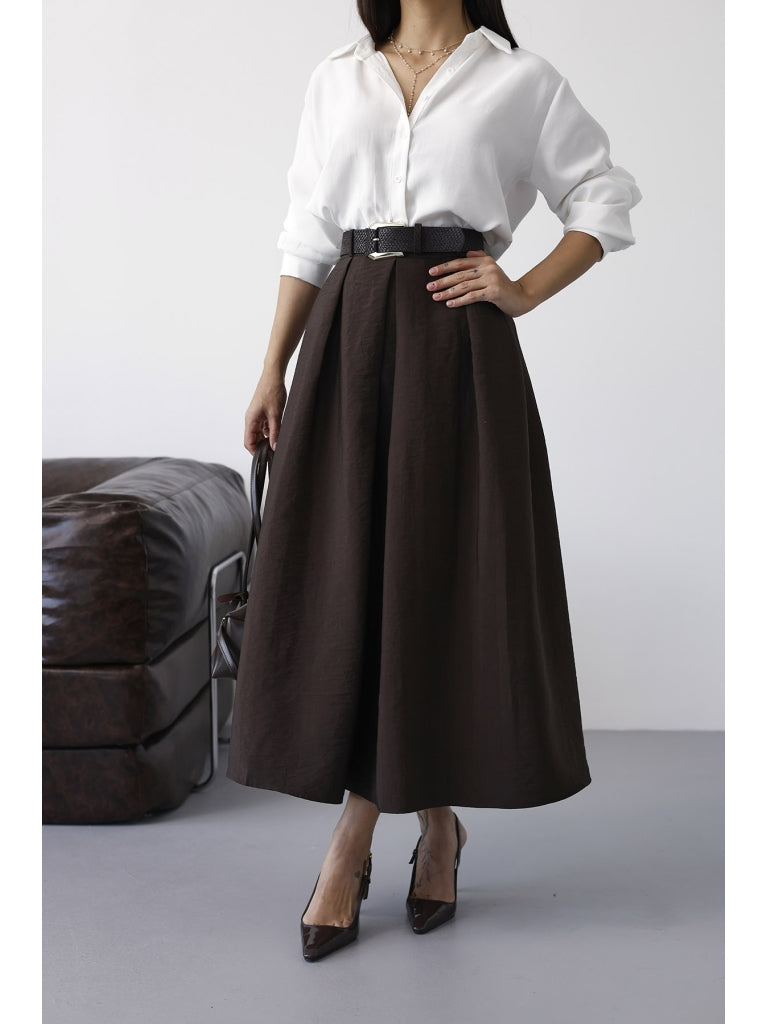 Kahverengi Pileli Kemer Detaylı Etek 0580-Kahverengi