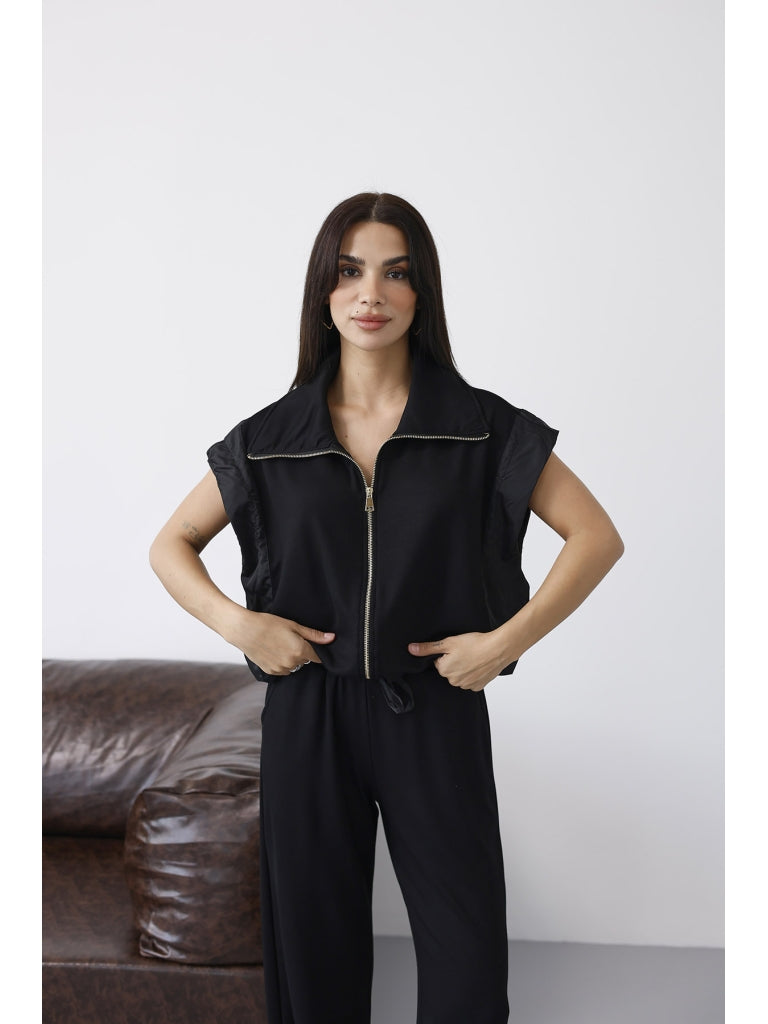 Siyah Dik Yaka Paraşüt Detaylı Takım 4110-Siyah