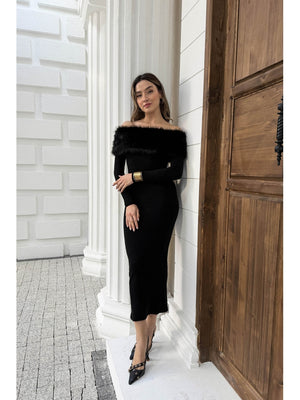 Siyah Madonna Kürk Yakalı Elbise 00515-Siyah