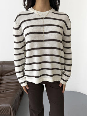 Ekru Kahve Çizgili Triko Kazak 261032-Ekru