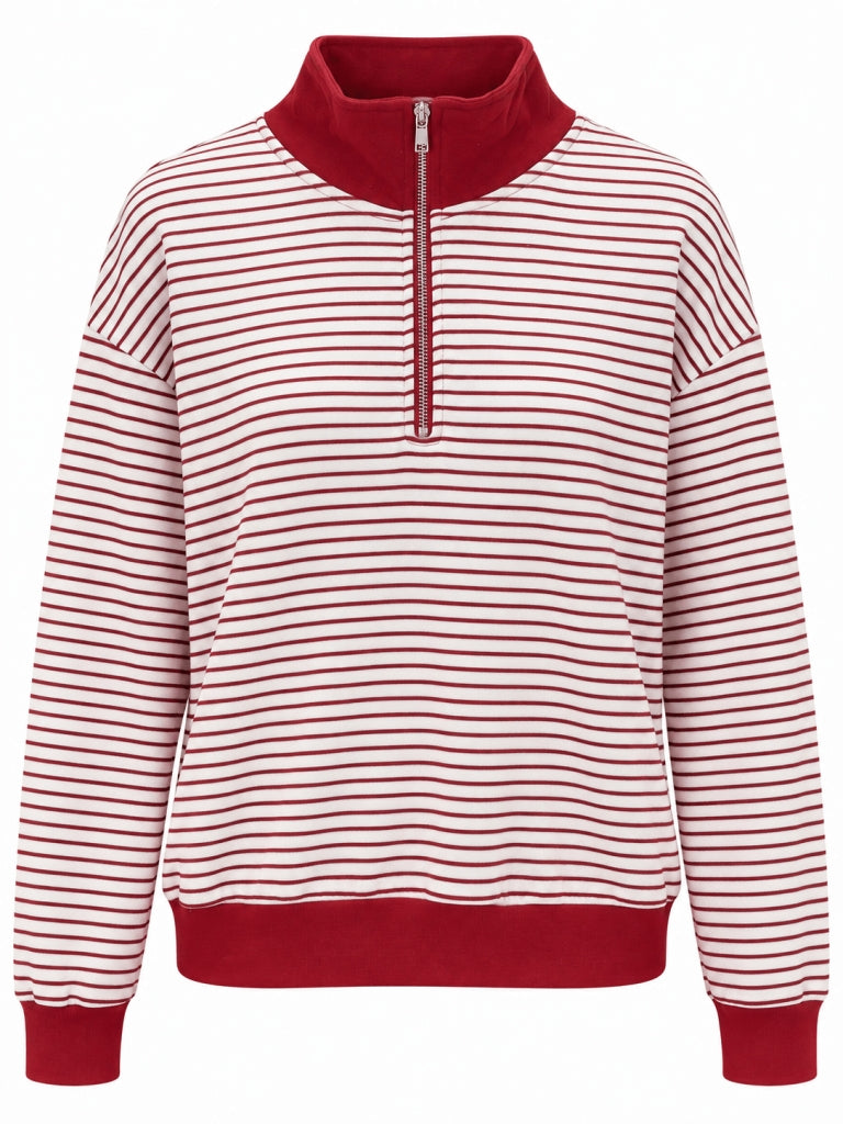 Kırmızı Yarım Fermuarlı Çizgili Sweat M-4682-Kırmızı