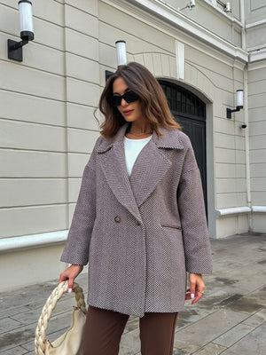 Kahve Balık Sırtı Oversize Astarlı Kısa Kaban 9252-KAHVE