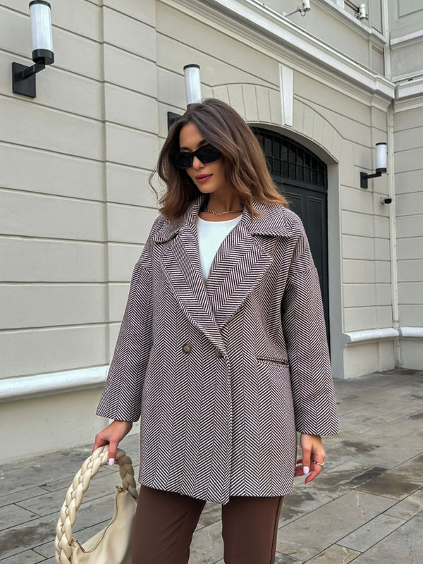 Kahve Balık Sırtı Oversize Astarlı Kısa Kaban 9252-KAHVE