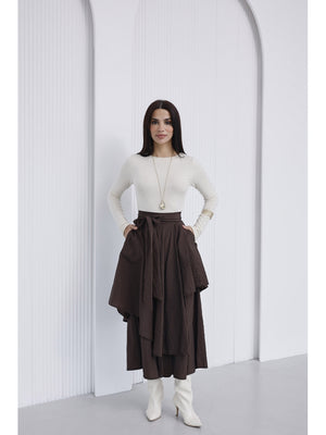 Kahve Bel Bağlamalı Etek Pantolon 0020-KAHVE