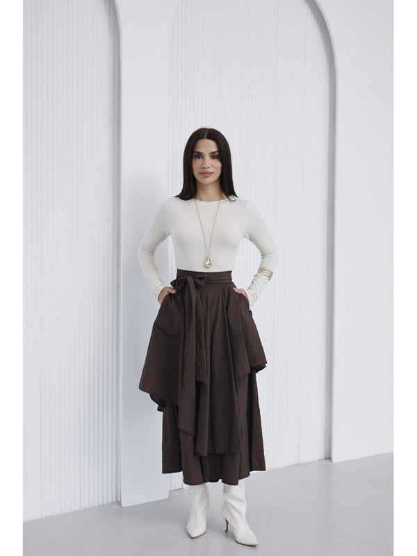 Kahve Bel Bağlamalı Etek Pantolon 0020-KAHVE