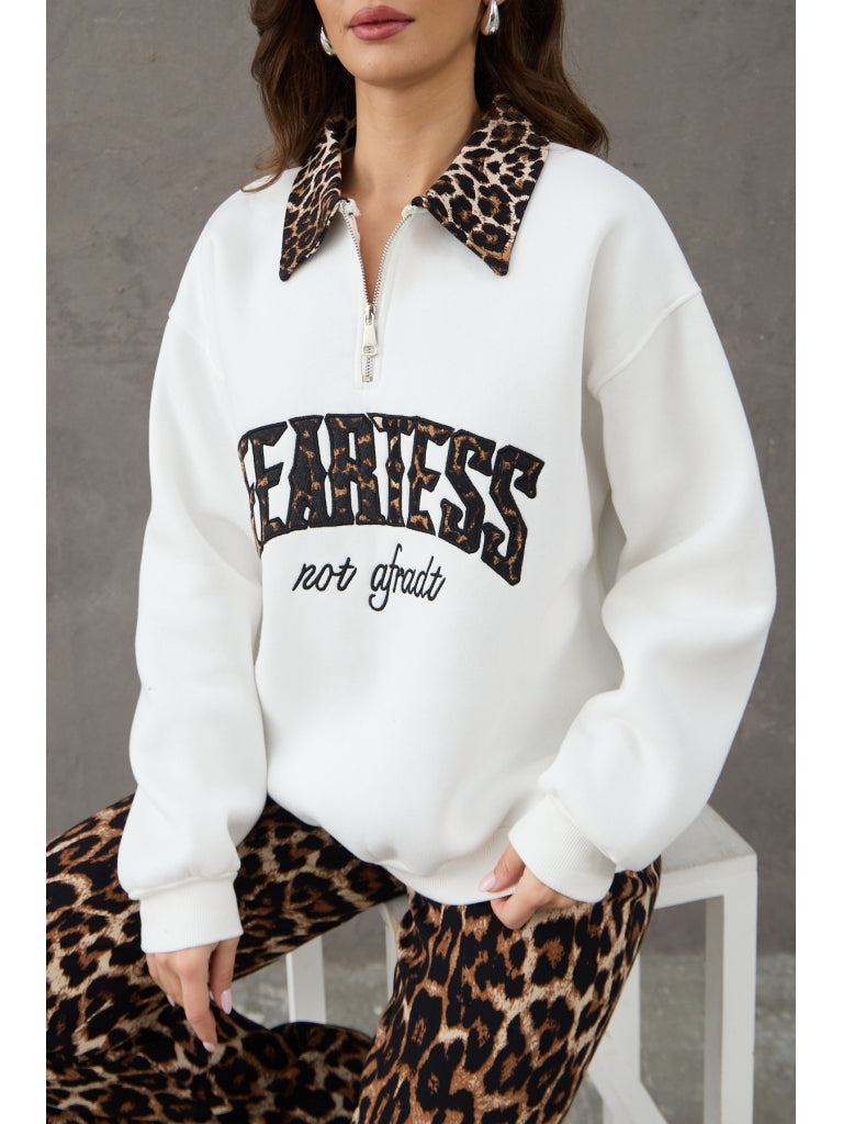 Beyaz Leopar Nakışlı Polo Yaka Sweat