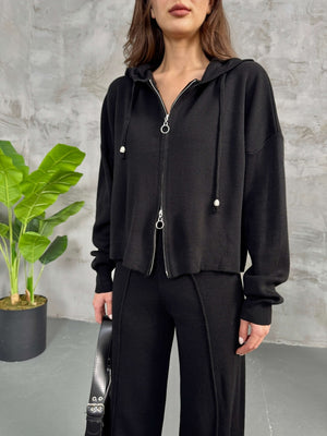 Siyah Kapşanlu Çift Fermuarlı Takım 0091-SİYAH