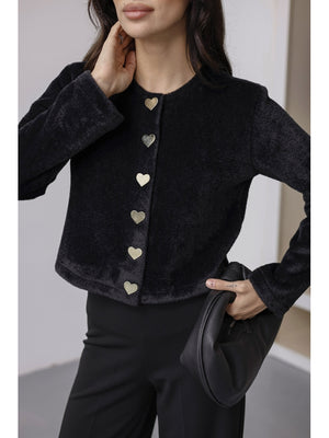 Siyah Kalp Düğmeli Yumoş Hırka 7562-Siyah