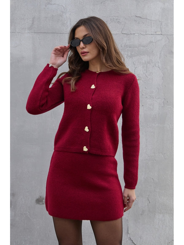 Bordo Kalp Düğmeli Etekli Triko Takım