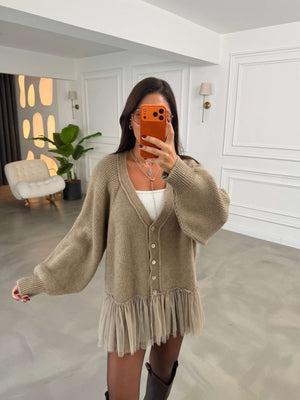Vizon Tül Garnili Oversize Hırka 2839-Vizon