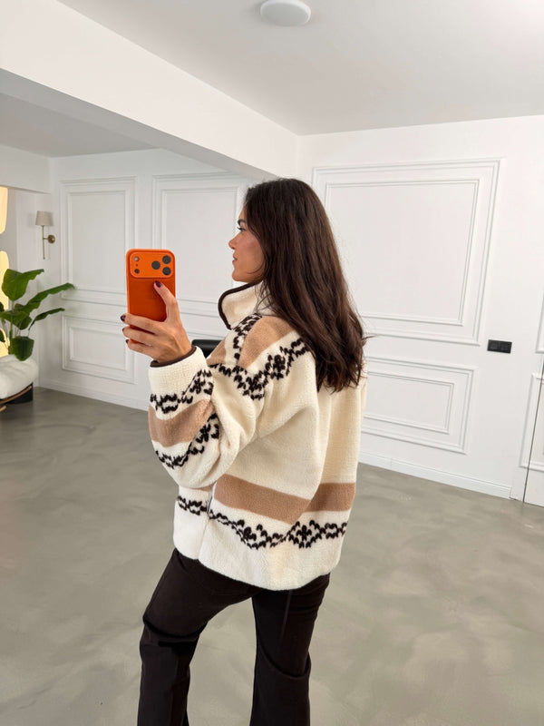 Camel Ön Fermuarlı Peluş Sweat 22889-Camel
