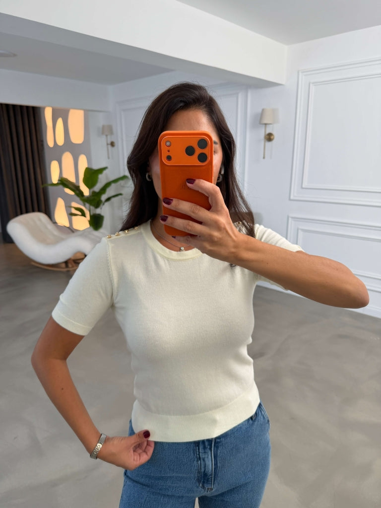 Krem Kısa Kollu Gold Düğmeli Triko Bluz 2698-Krem