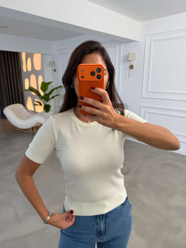 Krem Kısa Kollu Gold Düğmeli Triko Bluz 2698-Krem