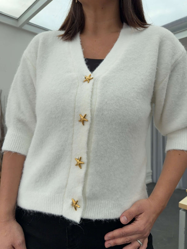 Beyaz Kısa Kol Yıldız Düğmeli Top Hırka 2511-BEYAZ