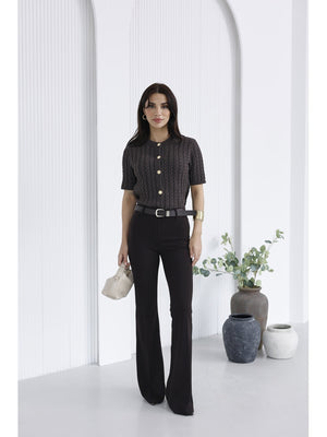 Kahverengi Gold Kemerli İspanyol Paça Pantolon 1741-Kahverengi