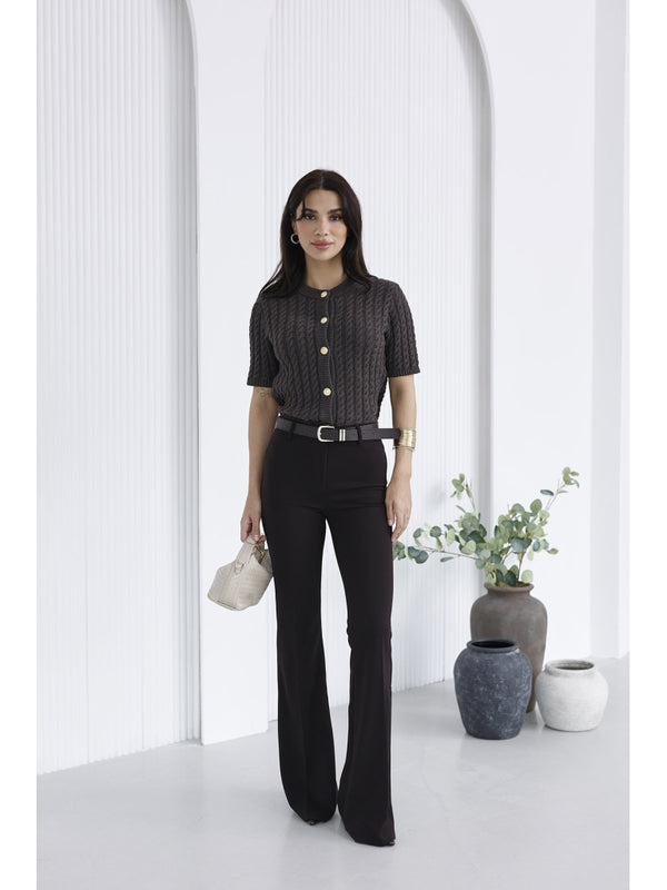 Kahverengi Gold Kemerli İspanyol Paça Pantolon 1741-Kahverengi