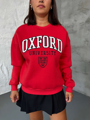 Kırmızı Oxford Nakışlı Bisiklet Yaka Sweat