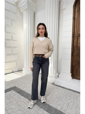 Kahve Yıkamalı Mavi Kesik Paça Kermerli Jean AK102-Mavi
