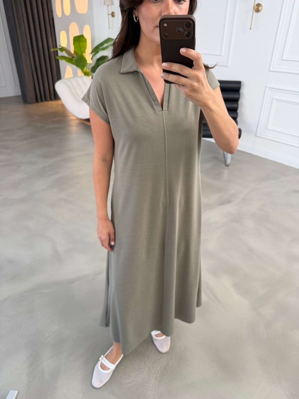 Haki Polo Yaka Biyeli Modal Elbise 2393-Haki
