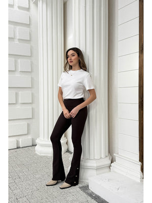 Dilvin Kahverengi Düğme Detay İspanyol Tayt 71905-Kahve