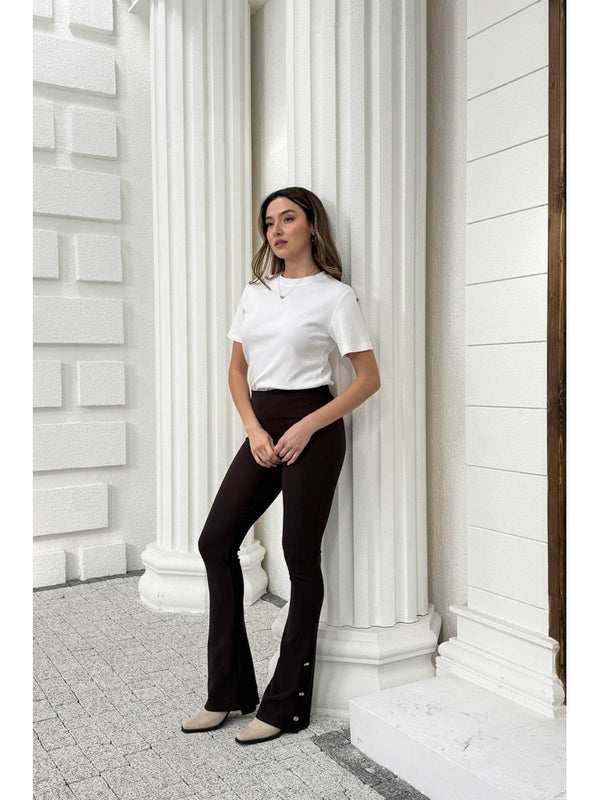 Dilvin Kahverengi Düğme Detay İspanyol Tayt 71905-Kahve