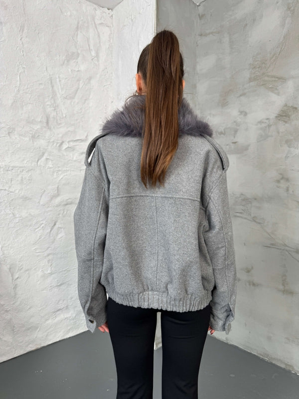 Gri Kaşe Yakası Kürklü Mont 580564-GRİ